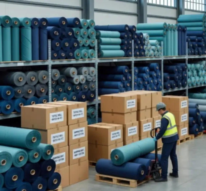 Magazyn tkanin z przygotowanymi do wysyłki rolkami materiałów