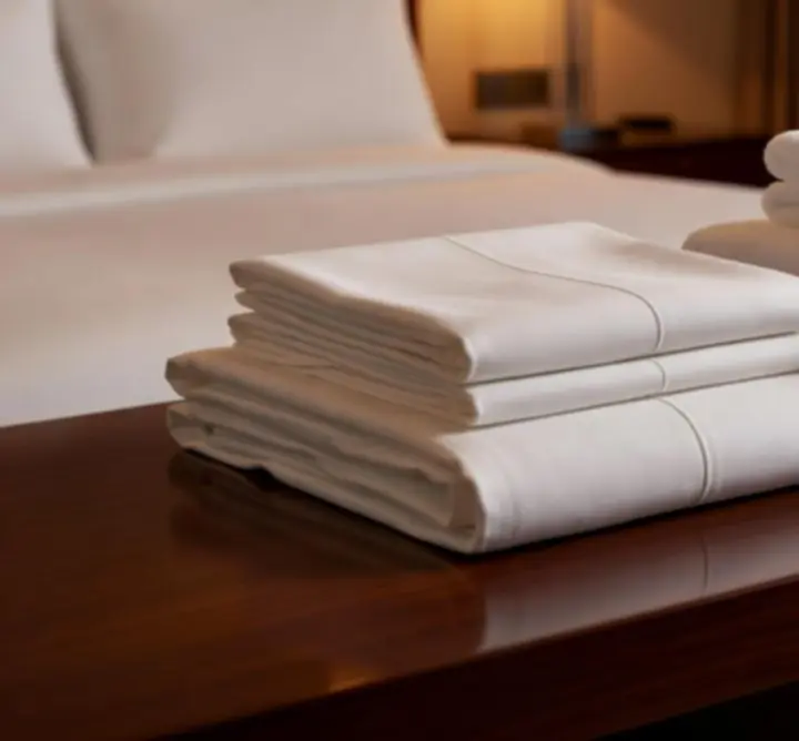 Białe tekstylia hotelowe: pościel, ręczniki i obrusy ułożone w stos