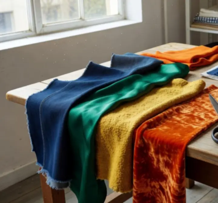 Próbki tkanin i dzianin dla branży mody rozłożone na stole projektowym