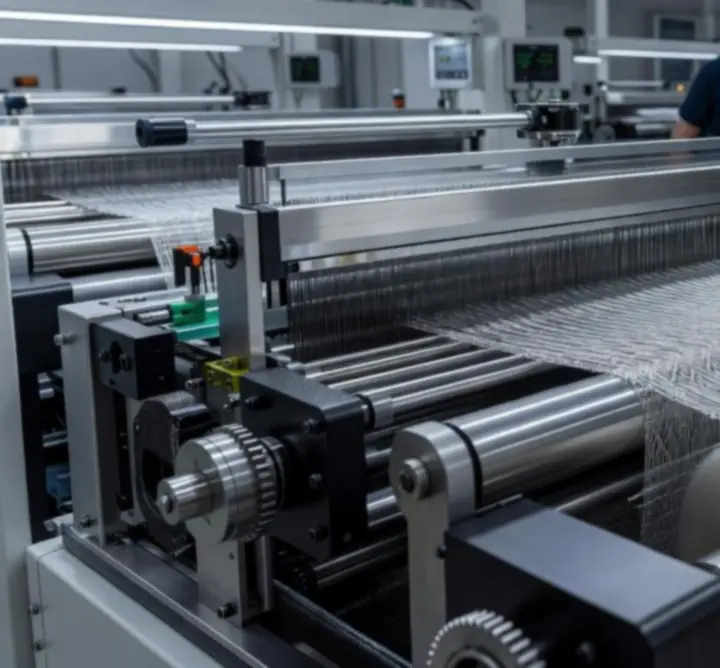 Tkaniny techniczne nawijane na duże bele w przemysłowej hali produkcyjnej